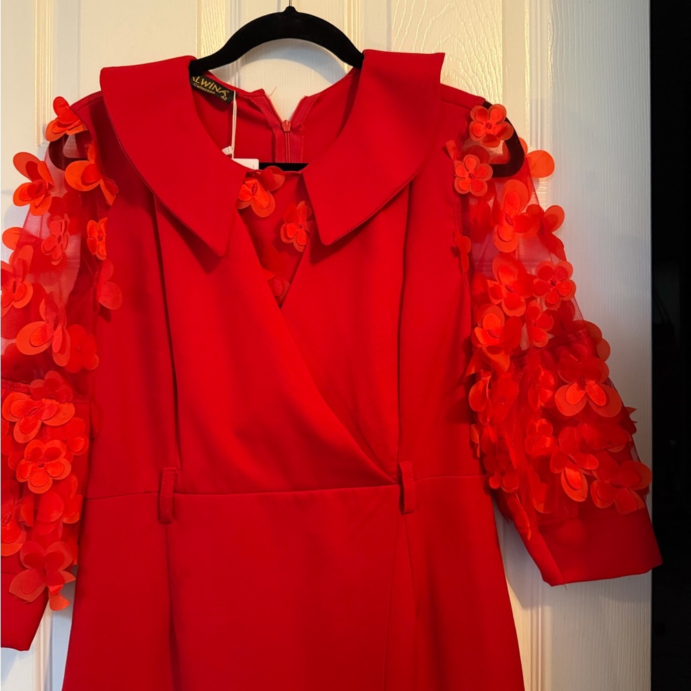 Red Floral-Appliqué Dress